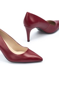 Zapatos de tacón alto de cuero rojo con punta afilada y un diseño estilizado. Presentan una superficie lisa y un tacón estrecho para una silueta elegante.