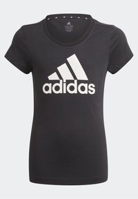 Camiseta negra de manga corta de Adidas con logo y texto blancos centrados en el frente, diseñada para edades de 11 a 12 años.