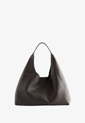 Große, lässige Hobo-Tasche aus dunkelbraunem, strukturiertem Leder mit einem breiten Schulterriemen und einem offenen Design.