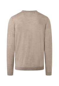 Beige tröja gjord av ett mjukt material. Rund halsringning, långa ärmar, ribbat avslut och manschetter. Minimal textur med en subtil lyster.