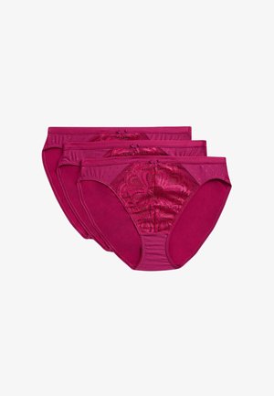 Three pairs of women's briefs in magenta, featuring a lace design on the back, smooth fabric, and a bow detail at the waistband.