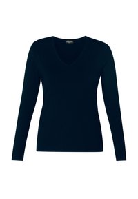 Zwarte lange mouwen v-hals top gemaakt van gladde stof met een aansluitende pasvorm. Heeft een zachte textuur en een eenvoudig, klassiek ontwerp.