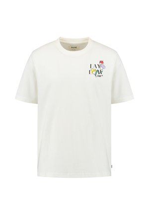 White cotton T-shirt with short sleeves, featuring a graphic print with the text "LAY LOW" and colorful flower designs on the front.