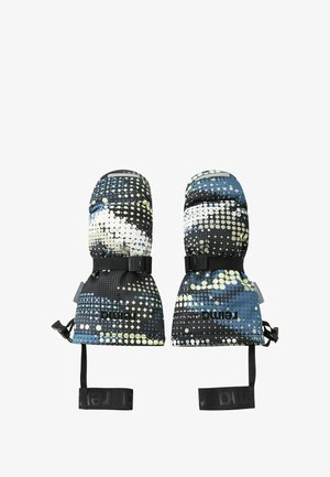 Izolowane rękawice śniegowe w niebieskie, czarne i białe wzory. Posiadają regulowane paski oraz teksturowany materiał zapewniający przyczepność i ciepło.