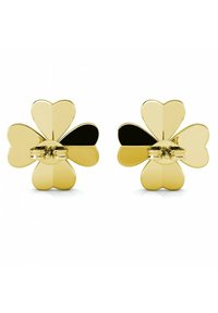 Gouden oorbellen in de vorm van bloemen, met hartvormige bloemblaadjes en een glanzende afwerking. Zwarte accenten voegen contrast toe aan het ontwerp.