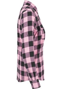 Long-sleeved, button-up shirt featuring a pink and black checkered pattern. Made of a textured fabric with a classic collar and chest pocket.