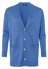 Modrý pletený kardigan s hlubokým výstřihem do V, předním zapínáním na knoflíky, dvěma bočními kapsami a žebrovanými manžetami a lemem. Měkká textura, střední hmotnost.