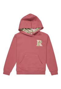 Růžová bavlněná mikina s klokaní kapsou, vzorovaná podšívka v odstínech zelené a květinových motivech, má na hrudi světle zelené písmeno "R".