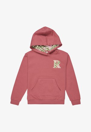 Felpa di cotone rosa con tasca a marsupio, fodera decorata in tonalità di verde e floreale, presenta una lettera "R" verde chiaro sul petto.