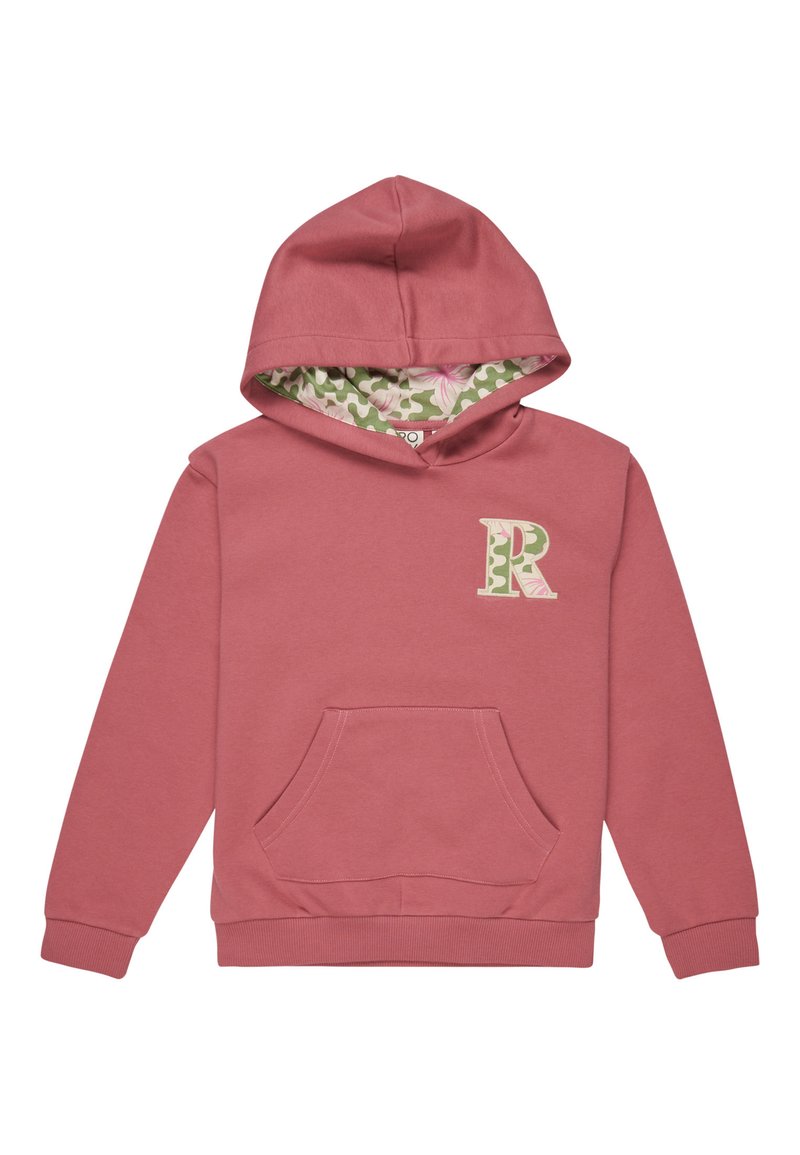 Růžová bavlněná mikina s klokaní kapsou, vzorovaná podšívka v odstínech zelené a květinových motivech, má na hrudi světle zelené písmeno "R".