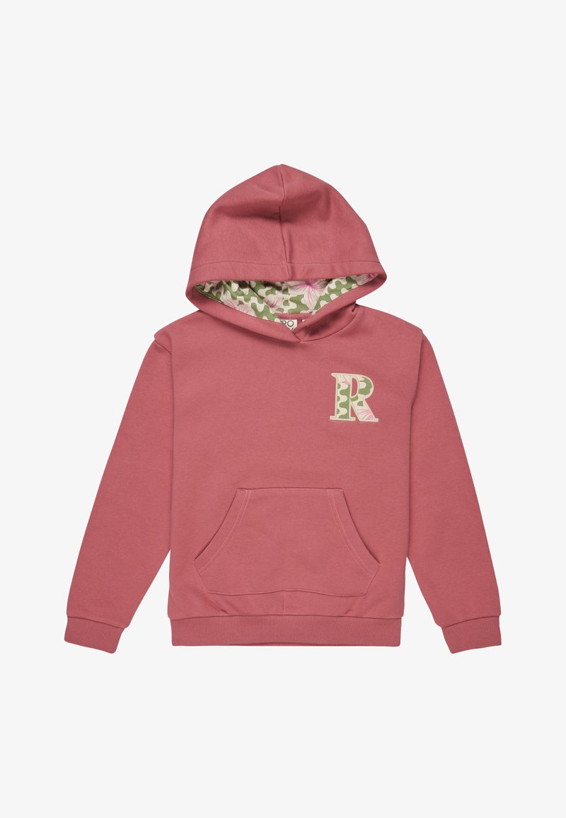 Růžová bavlněná mikina s klokaní kapsou, vzorovaná podšívka v odstínech zelené a květinových motivech, má na hrudi světle zelené písmeno "R".