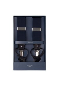 Marineblaue elastische Hosenträger mit silbernen Clips und schwarzen Lederelementen. Präsentiert in einer marineblauen Box mit strukturiertem Inneren und Logo.