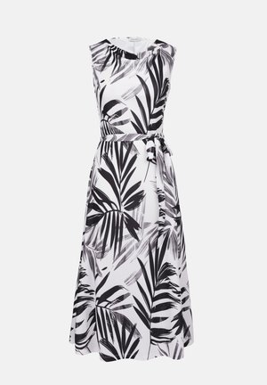 Hihaton mekko, jossa on musta-valkoinen palmunlehden kuosi, valmistettu kevyestä kankaasta, jossa on sidottu vyötärödettaili.