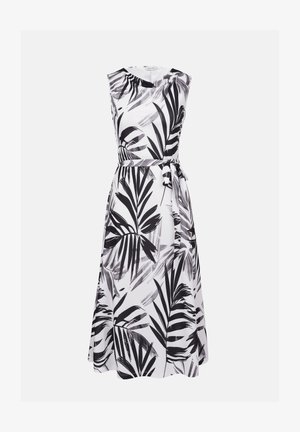 Sukienka na ramiączkach z wzorem liści palmowych w czarno-białym kolorze, wykonana z lekkiego materiału z wiązaniem w pasie.