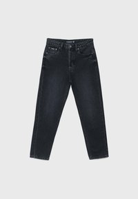 Jean denim noir taille haute avec bouton avant, fermeture éclair, cinq poches, et jambes droites, posé à plat sur un fond clair.