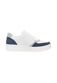 Weiße Leder-Sneaker mit marineblauen und grauen Wildlederelementen. Verfügt über ein Schnürdesign und eine strukturierte weiße Gummisohle.