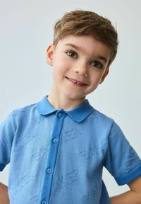 Lichtblauw polo shirt met korte mouwen en een kraag, met een gestructureerd patroon en drie knopen aan de voorkant. Glad stof.