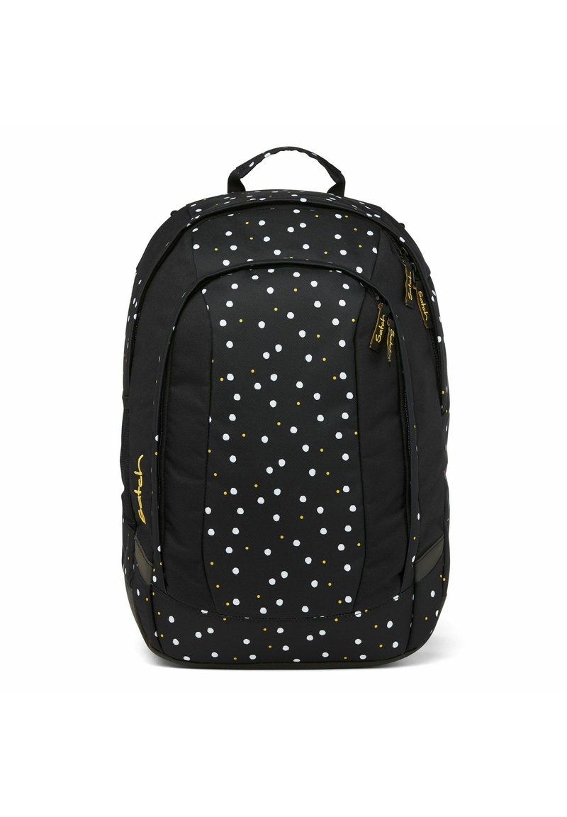 Schwarzer Rucksack mit weißen und gelben Punkten, der mehrere Reißverschlusstaschen und einen stabilen Tragegriff hat.