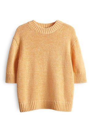 Kurzärmeliger Strickpullover in hellgelb. Mit einem gerippten Kragen und Saum sowie einer strukturierten, lockeren Webart.