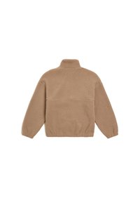 Brown fleece jacket with a high collar, long sleeves, and elasticated cuffs. Textured, soft material with a seamless back design.