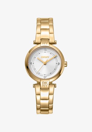 Goldfarbene Metalluhr mit rundem Gehäuse, silbernem Zifferblatt, goldenen Zeigern und drei Diamantakzenten. Verfügt über ein Gliederarmband mit DKNY-Logo.