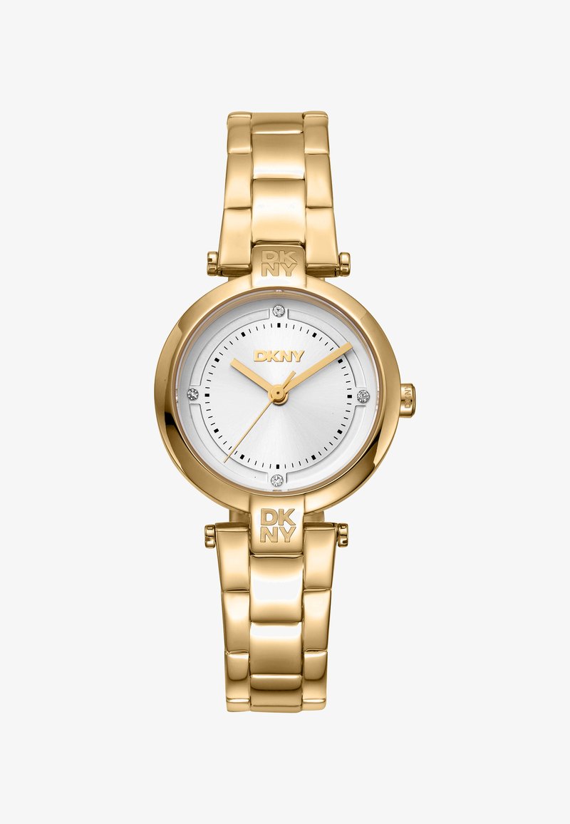 Gold metal watch with a round case, silver dial, gold hands, and three diamond accents. Features a linked bracelet with DKNY branding.