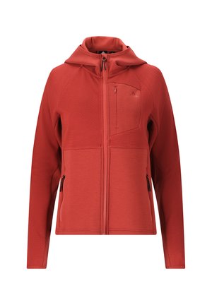 Haut de survêtement zippé rouge avec un motif texturé, une poche kangourou et une petite poche poitrine zippée. Comprend une capuche ajustée et des coutures plates.