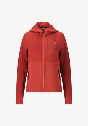 Haut de survêtement zippé rouge avec un motif texturé, une poche kangourou et une petite poche poitrine zippée. Comprend une capuche ajustée et des coutures plates.