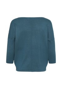 Maglione oversized turchese con forma squadrata, ampia scollatura a barca, maniche a tre quarti e un motivo in maglia testurizzata.