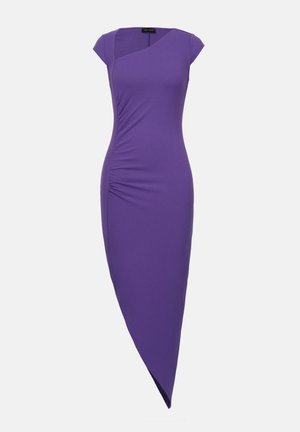 Purple fitted dress with cap sleeves, asymmetrical neckline, ruched side detail, and a diagonal hem, made from a stretchy fabric.