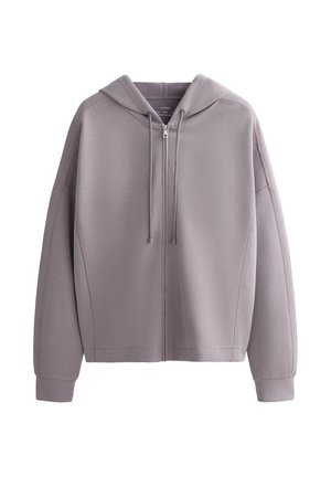 Lichtpaarse rits-hoodie met een capuchon, geribbelde manchetten en een soepele textuur. Heeft een voorrits en een oversized ontwerp met verlaagde schouders.