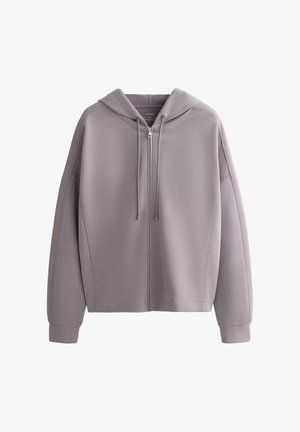 Lichtpaarse rits-hoodie met een capuchon, geribbelde manchetten en een soepele textuur. Heeft een voorrits en een oversized ontwerp met verlaagde schouders.