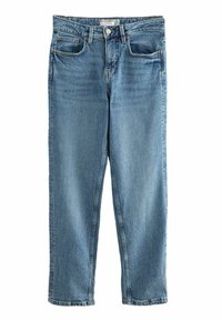 Ljusblå denimjeans med rak ben design, som har två framfickor och knappstängning. Diskret blekning genom hela tyget.