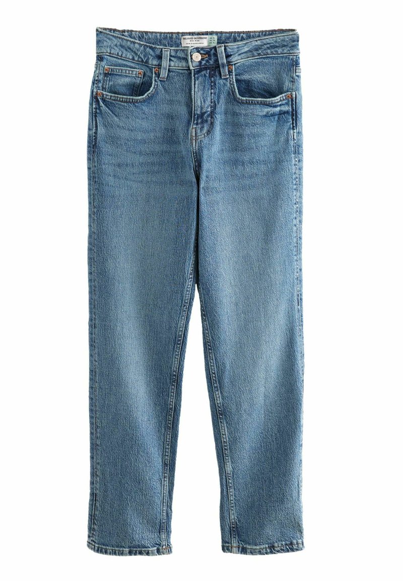 Ljusblå denimjeans med rak ben design, som har två framfickor och knappstängning. Diskret blekning genom hela tyget.