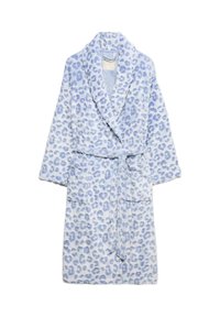 Accogliente accappatoio blu chiaro con motivo leopardato; realizzato in tessuto morbido con colletto a scialle, vita con cintura e due tasche frontali.