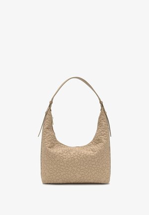 Borsa a tracolla beige con una singola cinghia e un motivo floreale testurizzato che copre la parte anteriore e i lati.