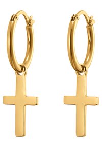 Orecchini a cerchio in oro con finitura lucida e un ciondolo a forma di croce pendente. La croce è solida e angolare, creando un contrasto audace.