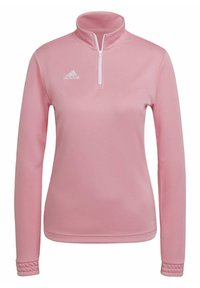 Pink zip-up sweatshirt, made of smooth fabric. Features a stand collar and ribbed cuffs, with white Adidas logo on the left chest.