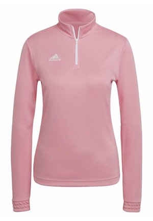 Roze ritssluiting sweatshirt, gemaakt van gladde stof. Beschikt over een hoge kraag en geribde manchetten, met het witte Adidas-logo op de linkerborst.