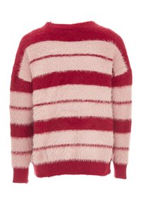 Maglione morbido a maglia con strisce rosa e rosse. Presenta un colletto rotondo e maniche lunghe con polsini e orlo a coste. Tessuto morbido e texturizzato.