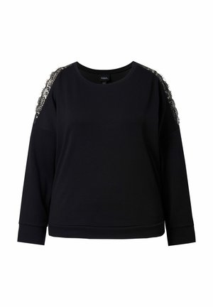 Sweatshirt noir à manches longues, col rond, et dentelle sur les couture des épaules. Tissu doux avec une coupe décontractée.