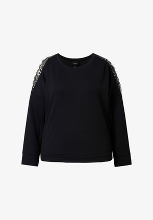 Czarna bluza z długim rękawem, okrągłym dekoltem i koronkowymi detalami na szwach ramion. Miękka tkanina o luźnym kroju.