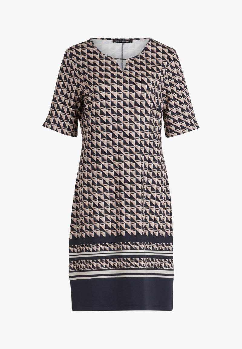 Robe courte à manches courtes, longueur genoux, avec motif géométrique de triangles beiges et noirs et rayures horizontales près de l'ourlet.