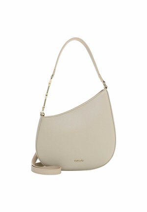 Beige leather shoulder bag with a curved shape, gold-tone hardware accents, and a detachable strap for versatility. Features a textured surface.