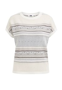 Maglietta a manica corta in maglia con colletto rotondo di colore crema, caratterizzata da strisce orizzontali a motivi in tonalità nere, marroni e grigie.