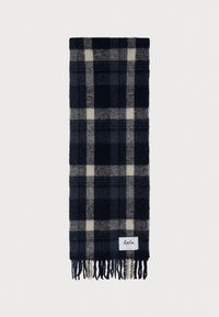 Marineblå og kremfarget rutet skjerf med frynsete kanter, laget av mykt materiale. Har en vevd etikett på den ene siden, rektangulær form.