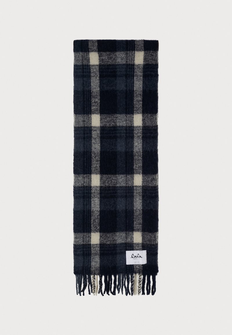 Marineblå og kremfarget rutet skjerf med frynsete kanter, laget av mykt materiale. Har en vevd etikett på den ene siden, rektangulær form.