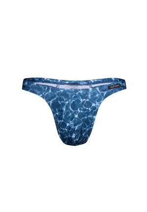 Blauer Schwimm-Thong mit einem Wasserdesign, aus weichem, dehnbarem Stoff. Er hat einen schmalen Bund und ein minimalistisches Design.