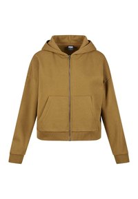 Felpa marrone con zip, dotata di cappuccio foderato, ampie tasche frontali, polsini e orlo a costine. Il tessuto sembra morbido e leggermente texture.