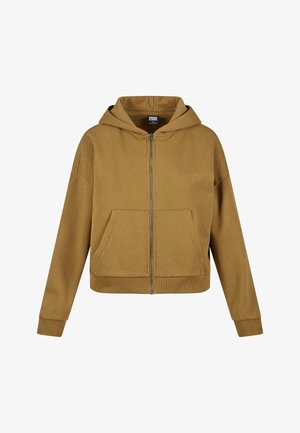 Felpa marrone con zip, dotata di cappuccio foderato, ampie tasche frontali, polsini e orlo a costine. Il tessuto sembra morbido e leggermente texture.